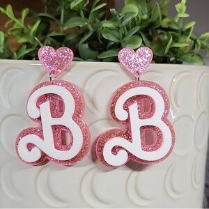 *3 for $30!* B for Barbie Shimmer Drop Earrings Pink Glitter Sparkle Initial 80s